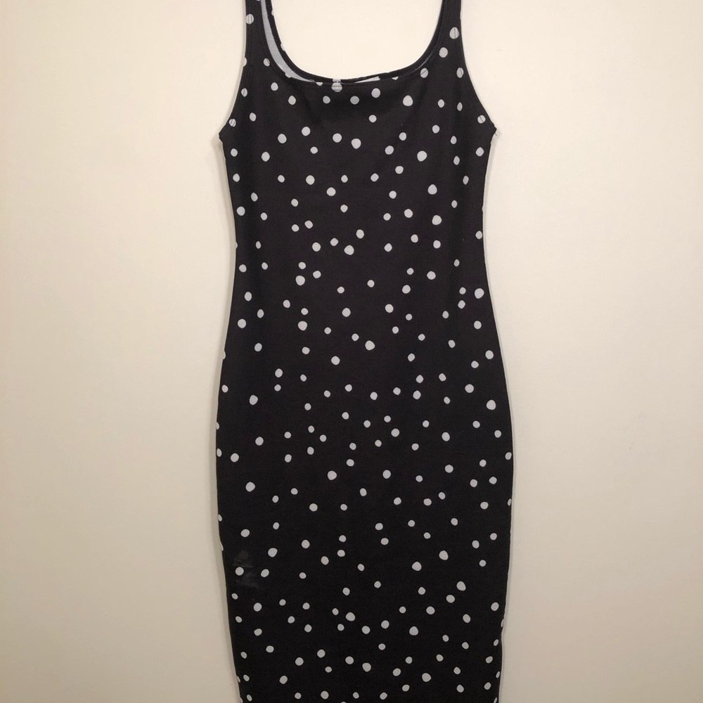 Black & white polka dot bodycon midi dress